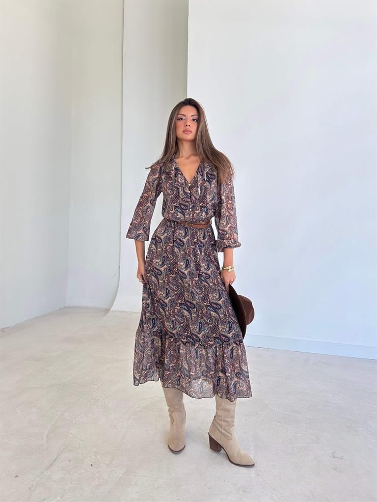 V Yaka Kemerli Tül Frank Renkli Kadın Elbise 26K232