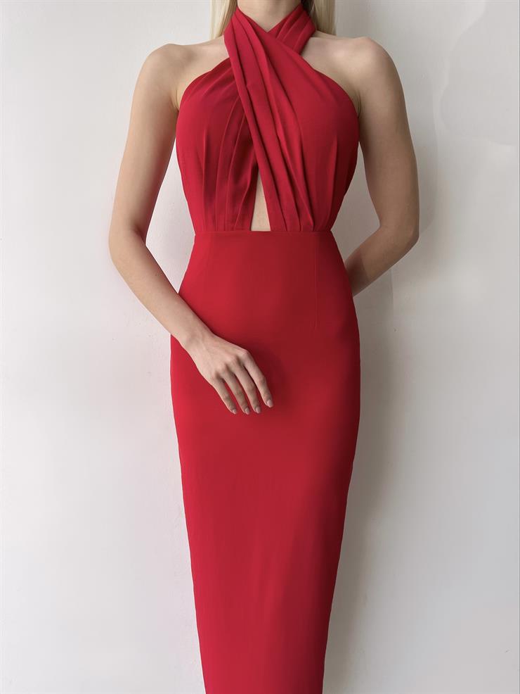 Boyundan Çapraz Kullanımlı Sırt Dekolteli Frankıe Kadın Kırmızı Elbise 23Y000266