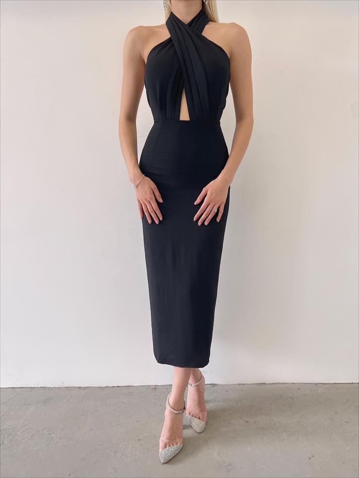 Boyundan Çapraz Kullanımlı Sırt Dekolteli Frankıe Kadın Siyah Elbise 23Y000266