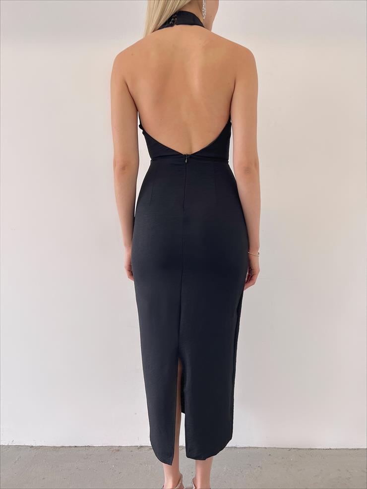 Boyundan Çapraz Kullanımlı Sırt Dekolteli Frankıe Kadın Siyah Elbise 23Y000266