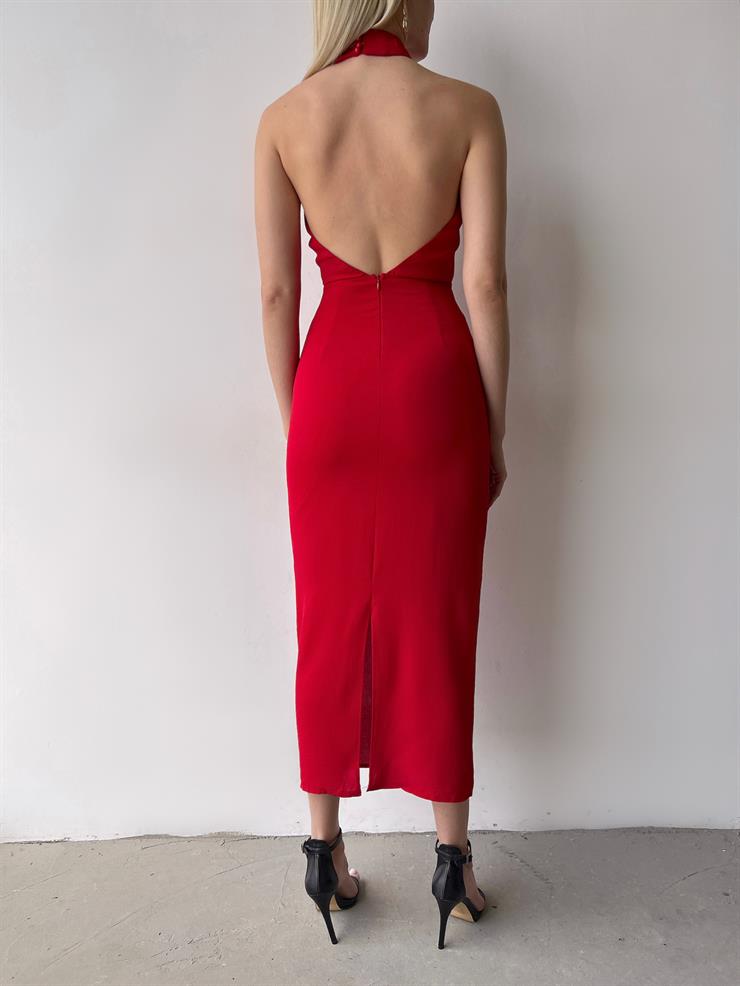 Boyundan Çapraz Kullanımlı Sırt Dekolteli Frankıe Kadın Kırmızı Elbise 23Y000266