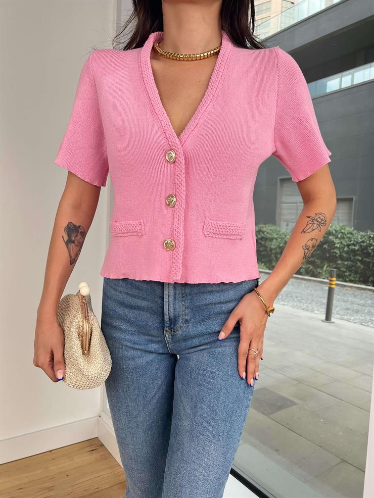 Önü Düğme Kapamalı Kısa Kol Franti Pembe Kadın Örme Hırka 25K130