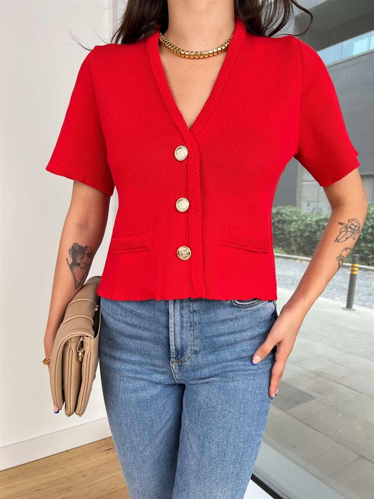 Önü Düğme Kapamalı Kısa Kol Franti Kırmızı Kadın Örme Hırka 25K130