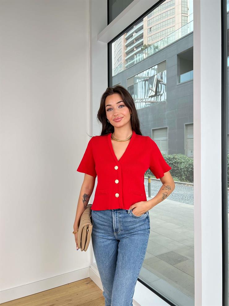 Önü Düğme Kapamalı Kısa Kol Franti Kırmızı Kadın Örme Hırka 25K130