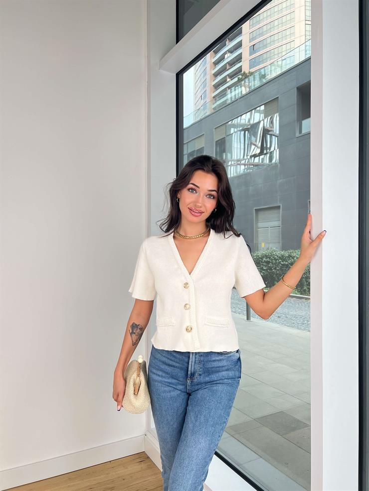 Önü Düğme Kapamalı Kısa Kol Franti Ekru Kadın Örme Hırka 25K130