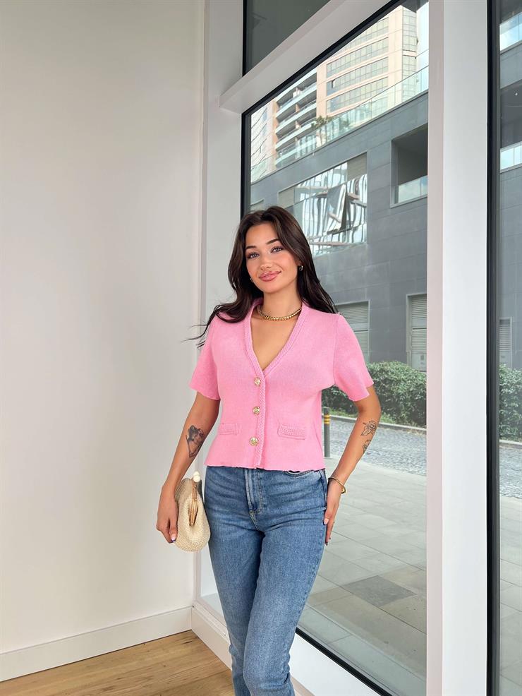 Önü Düğme Kapamalı Kısa Kol Franti Pembe Kadın Örme Hırka 25K130