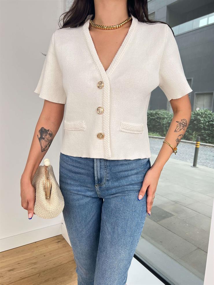 Önü Düğme Kapamalı Kısa Kol Franti Ekru Kadın Örme Hırka 25K130