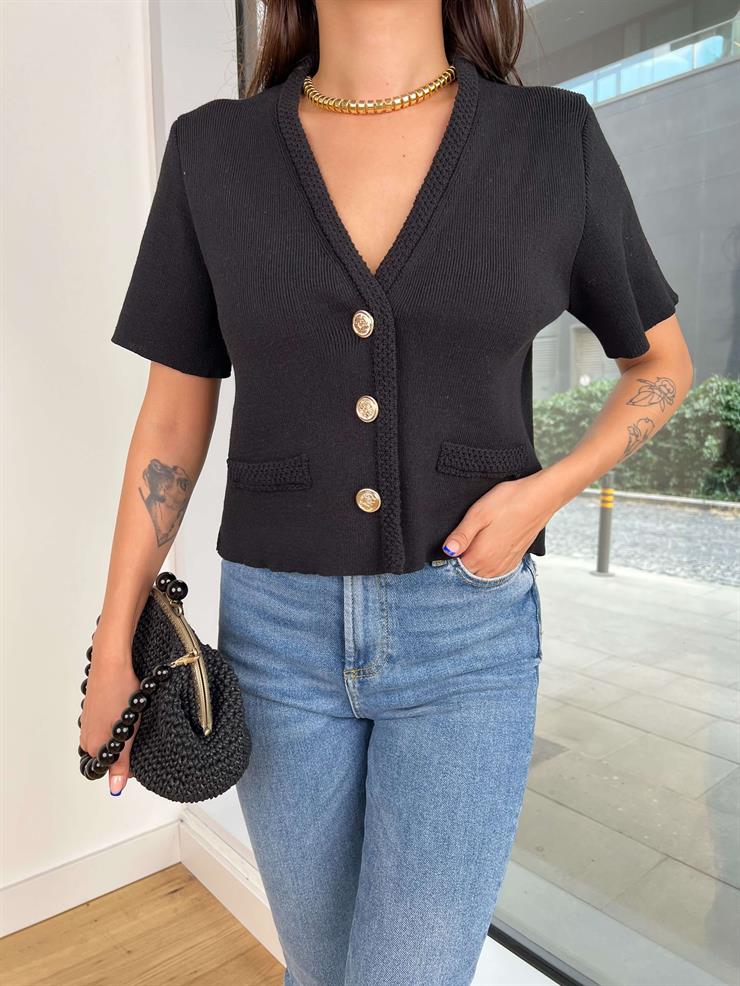 Önü Düğme Kapamalı Kısa Kol Franti Siyah Kadın Örme Hırka 25K130