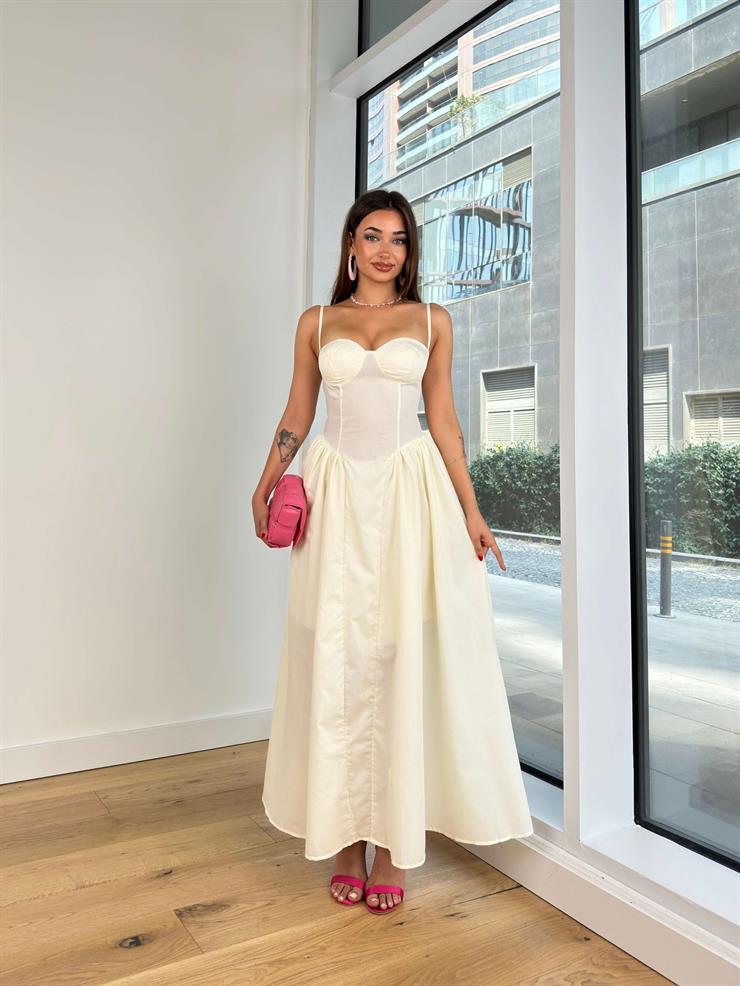 Askılı Kalp Yaka Eteği Kabarık Frede Kadın Krem Uzun Elbise 24Y825