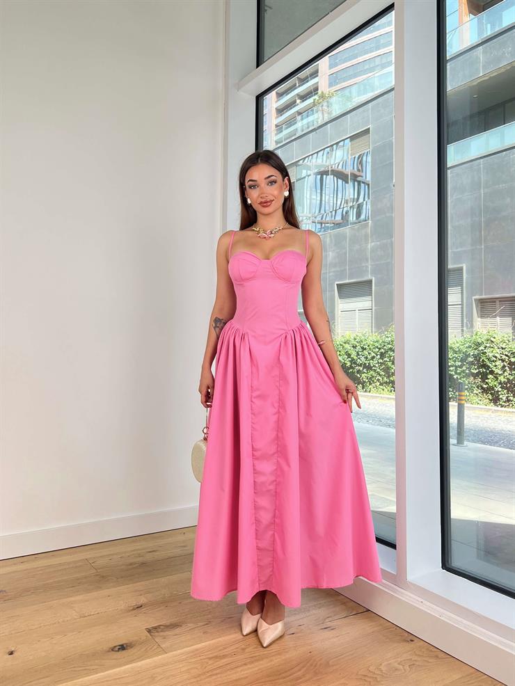 Askılı Kalp Yaka Eteği Kabarık Frede Kadın Pembe Uzun Elbise 24Y825