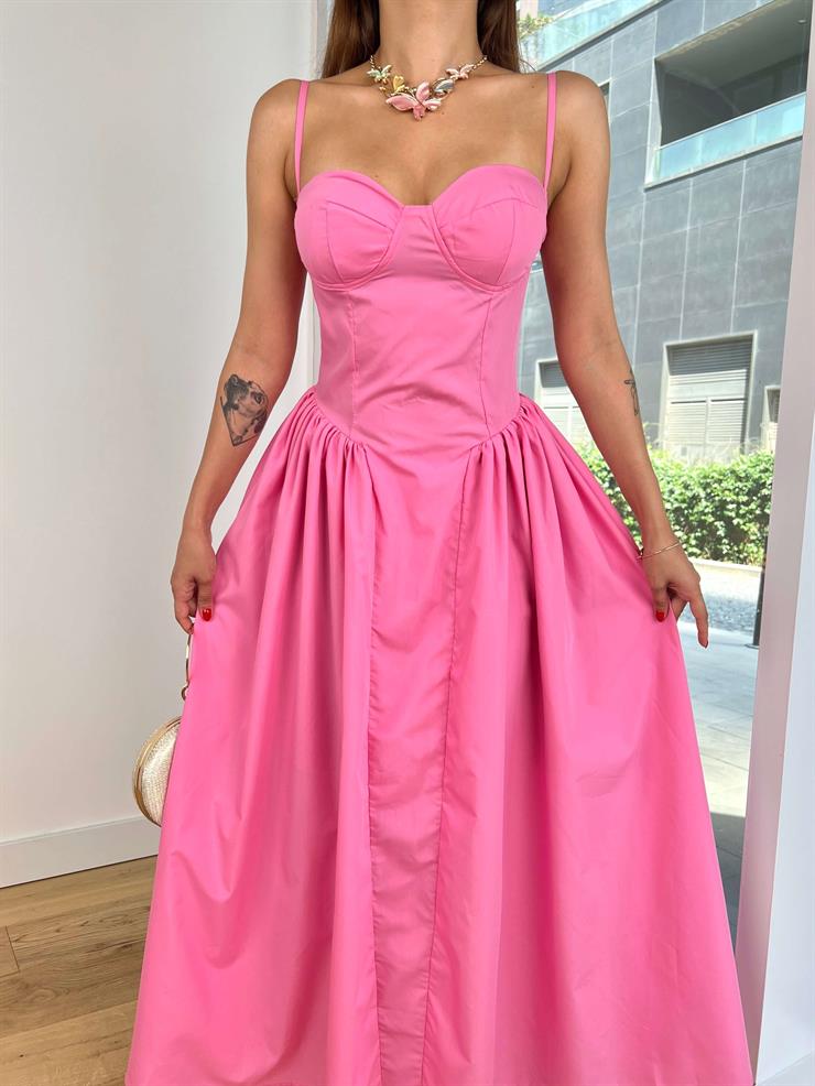 Askılı Kalp Yaka Eteği Kabarık Frede Kadın Pembe Uzun Elbise 24Y825