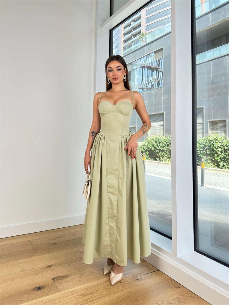 Askılı Kalp Yaka Eteği Kabarık Frede Kadın Mint Uzun Elbise 24Y825