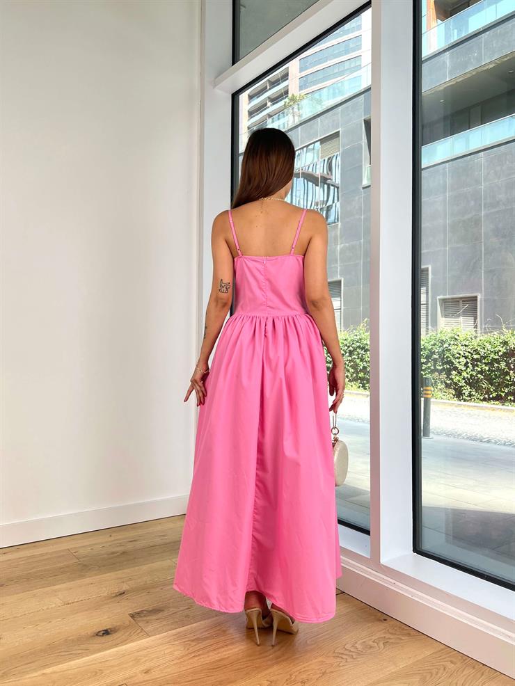 Askılı Kalp Yaka Eteği Kabarık Frede Kadın Pembe Uzun Elbise 24Y825