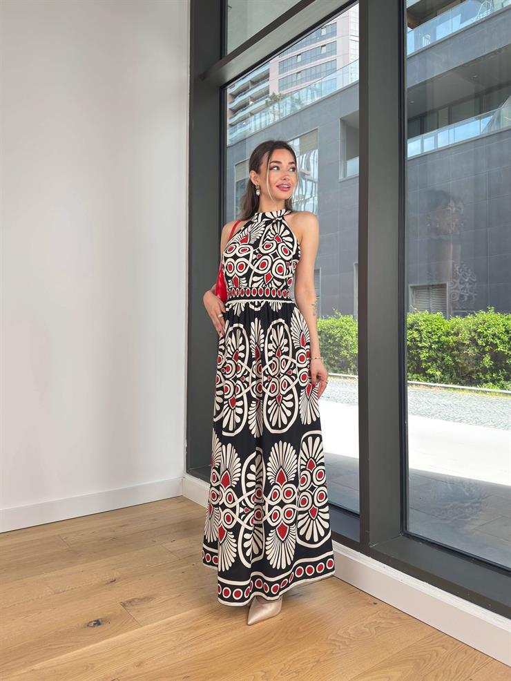 Halter Yaka Beli Lastikli Fressa Siyah Kadın Elbise 25Y355