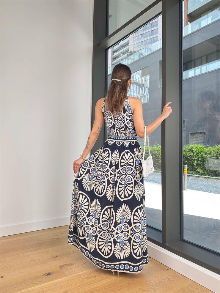 Halter Yaka Beli Lastikli Fressa Lacivert Kadın Elbise 25Y355