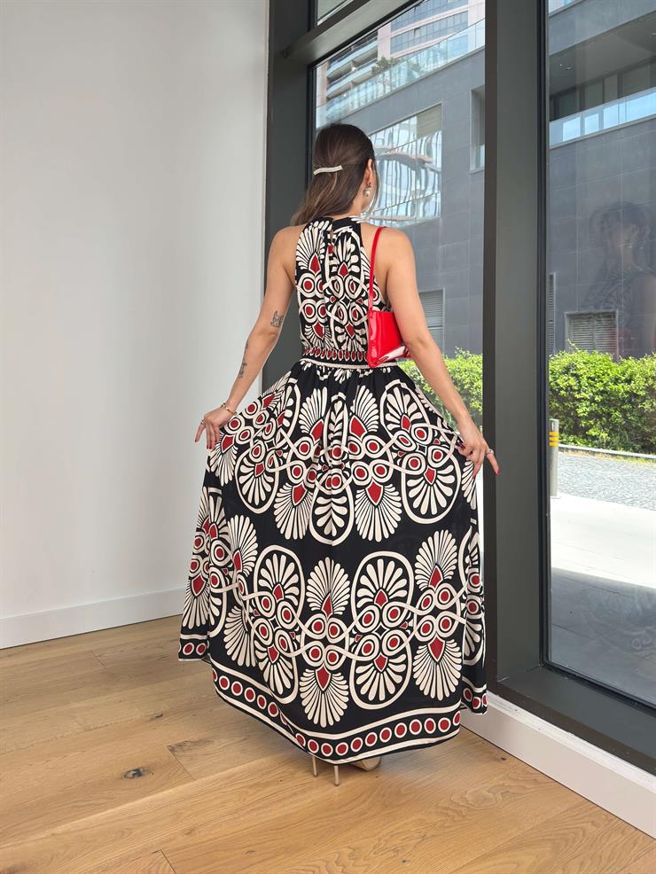 Halter Yaka Beli Lastikli Fressa Siyah Kadın Elbise 25Y355