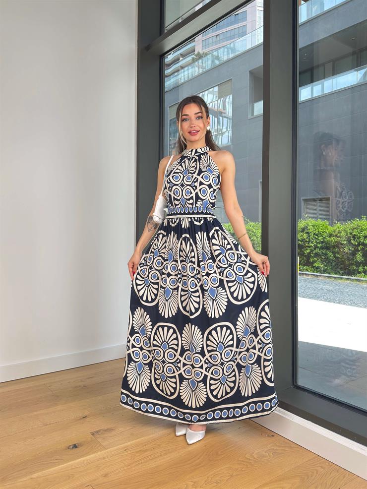 Halter Yaka Beli Lastikli Fressa Lacivert Kadın Elbise 25Y355