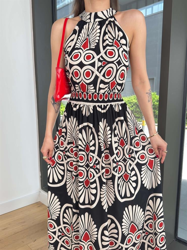 Halter Yaka Beli Lastikli Fressa Siyah Kadın Elbise 25Y355