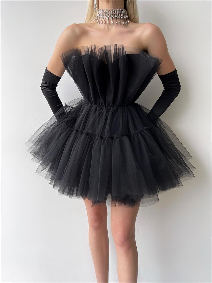 Strapless Frilly Women Black Mini Tulle Dress 23Y000221