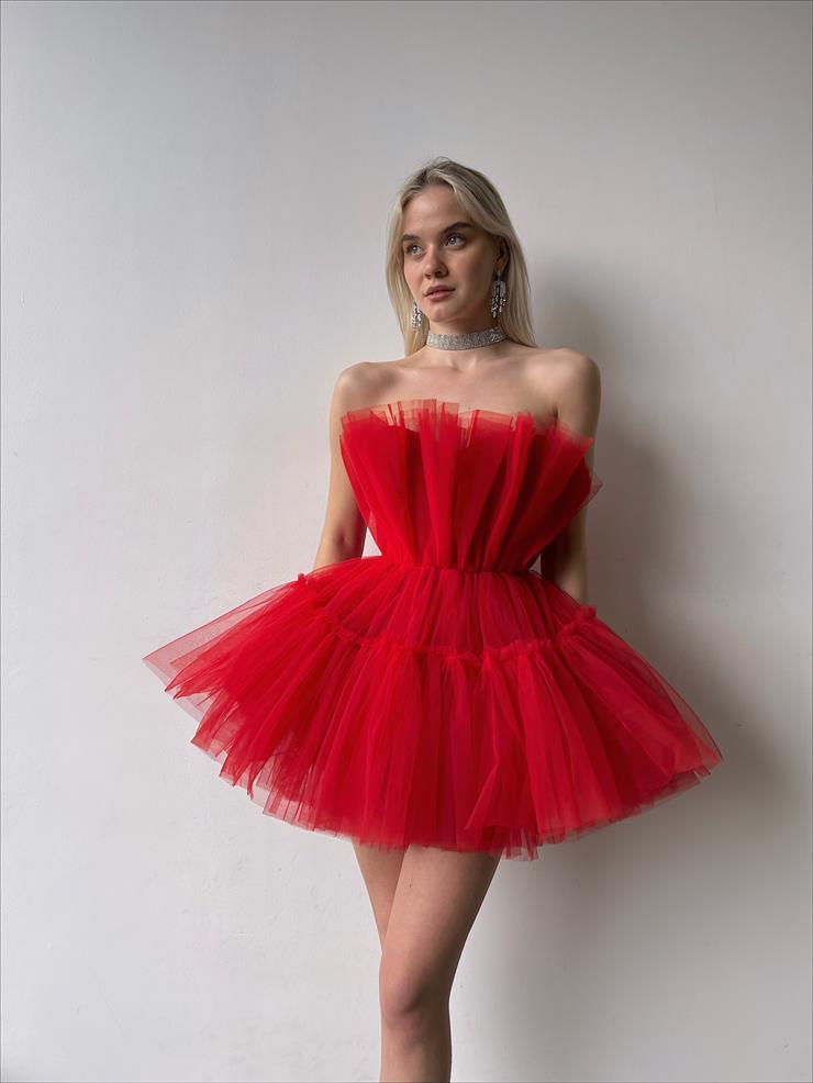 Strapless Frilly Women Red Mini Tulle Dress 23Y000221