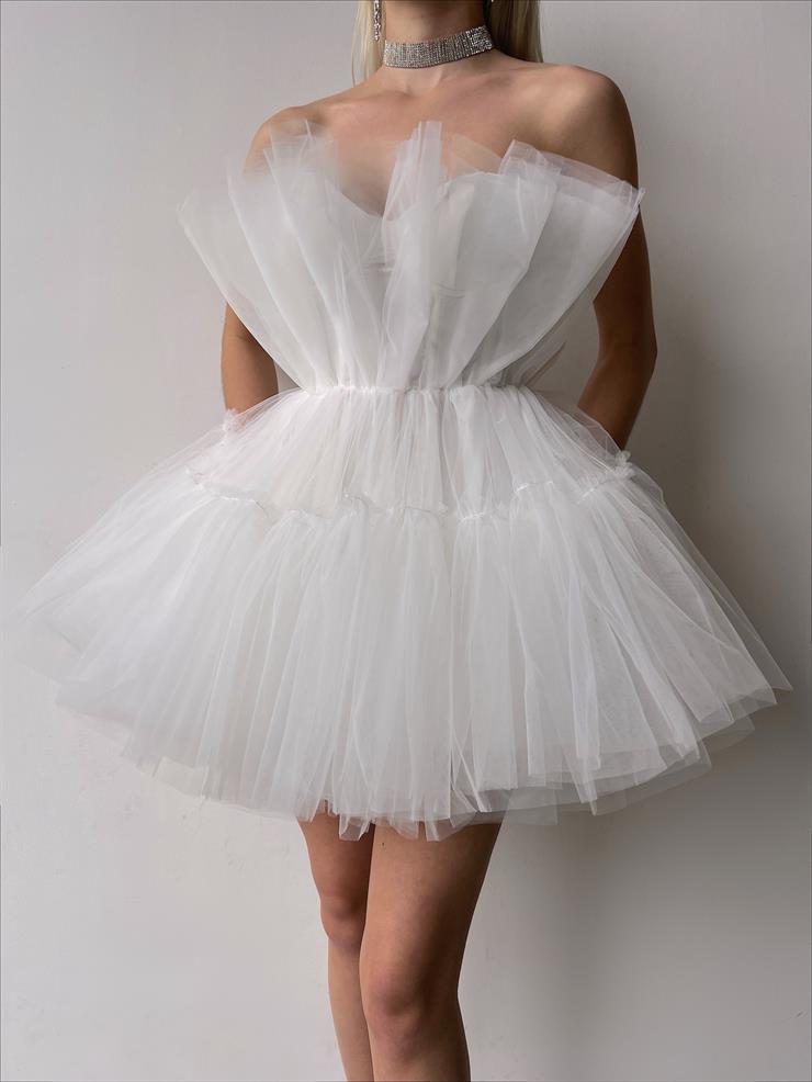 Strapless Frilly Women White Mini Tulle Dress 23Y000221