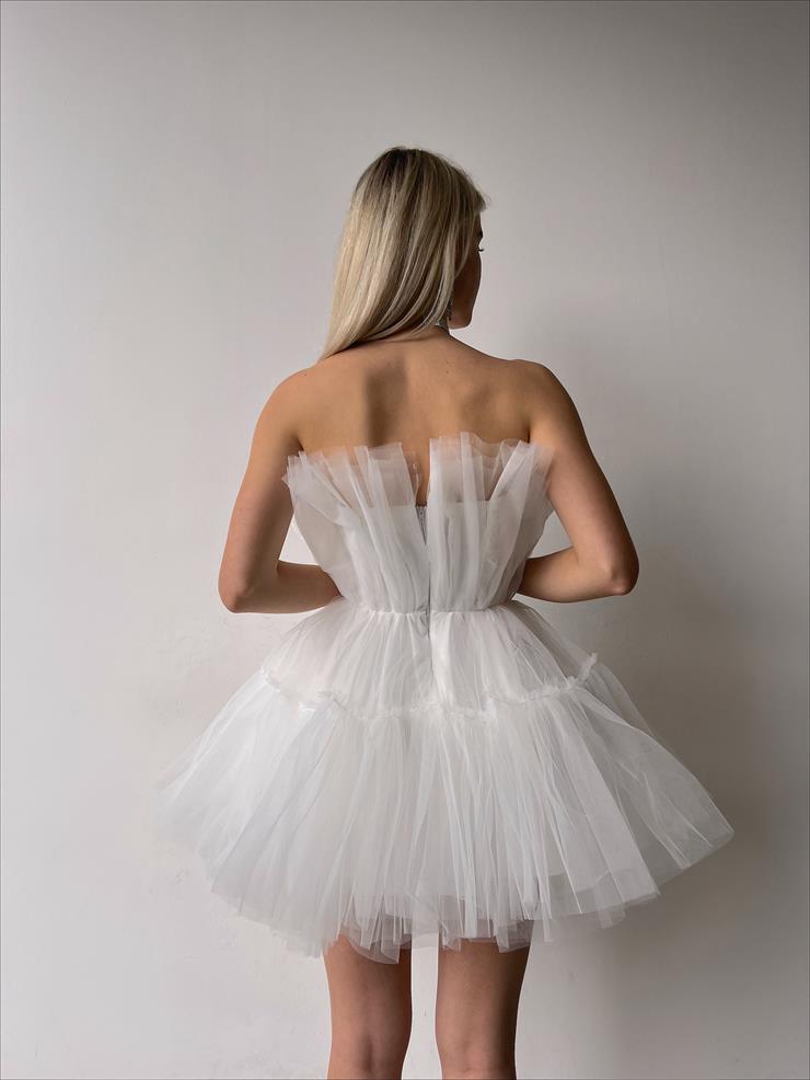 Straplez Frılly Kadın Beyaz Mini Tül Elbise 23Y000221