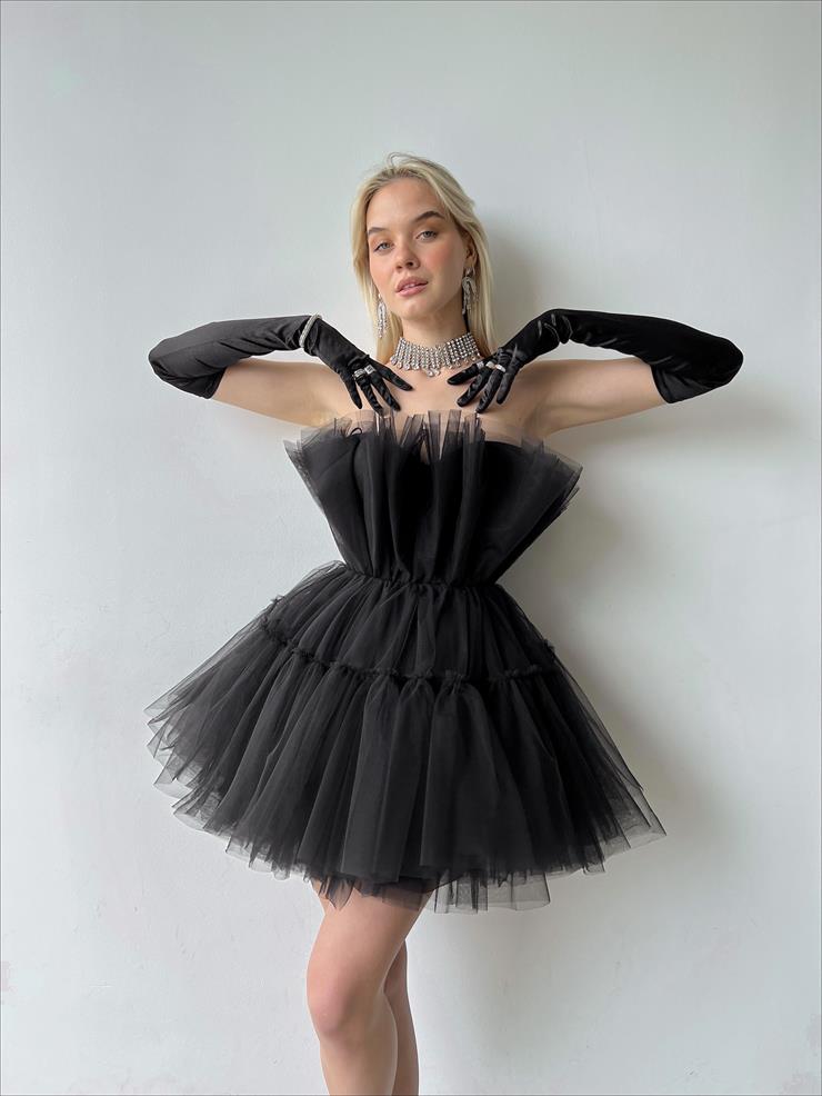 Strapless Frilly Women Black Mini Tulle Dress 23Y000221