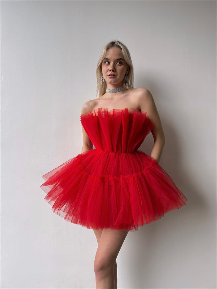 Strapless Frilly Women Red Mini Tulle Dress 23Y000221