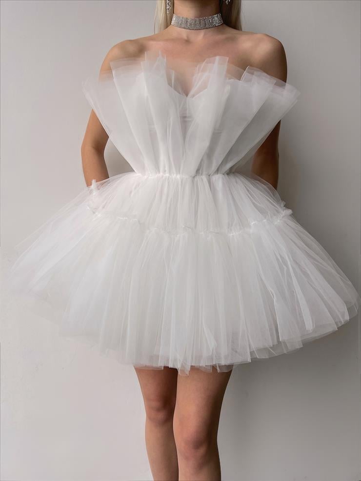 Straplez Frılly Kadın Beyaz Mini Tül Elbise 23Y000221