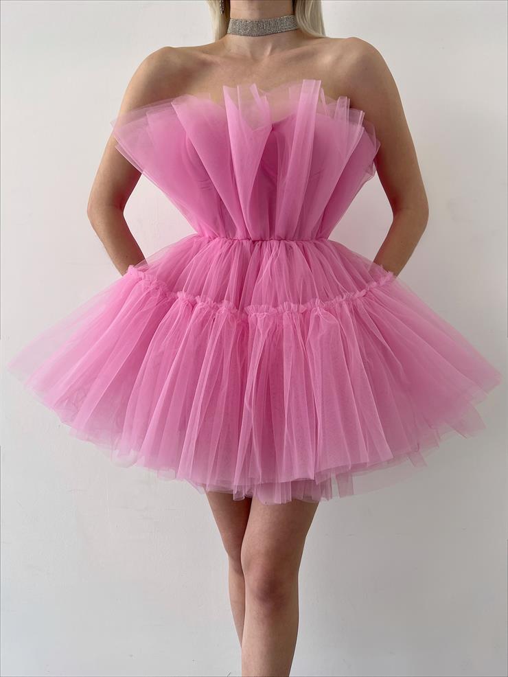 Strapless Frilly Women Pink Mini Tulle Dress 23Y000221