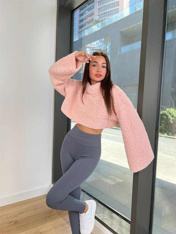 Boğazlı Peluş Frio Kadın Pembe Kazak 24k000168