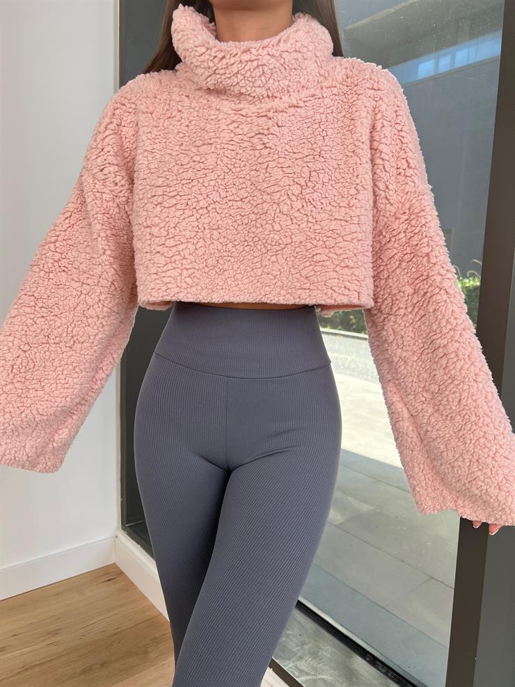 Boğazlı Peluş Frio Kadın Pembe Kazak 24k000168