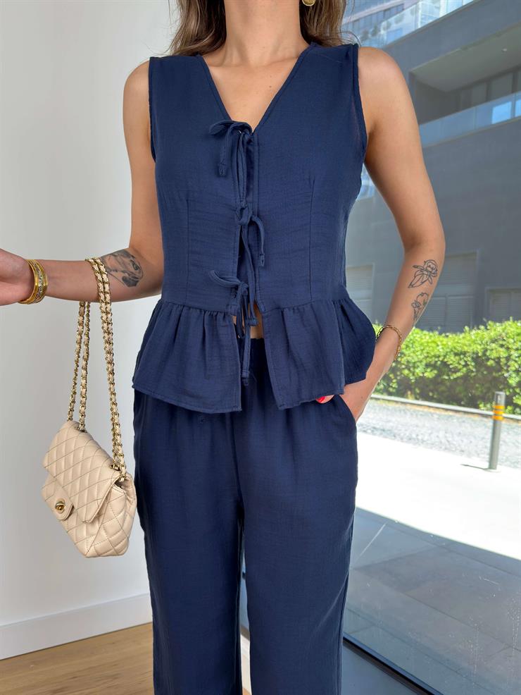 Bağlamalı Yelek Yüksek Bel Bol Paça Pantolon Frofni Lacivert Kadın Takım 25Y375