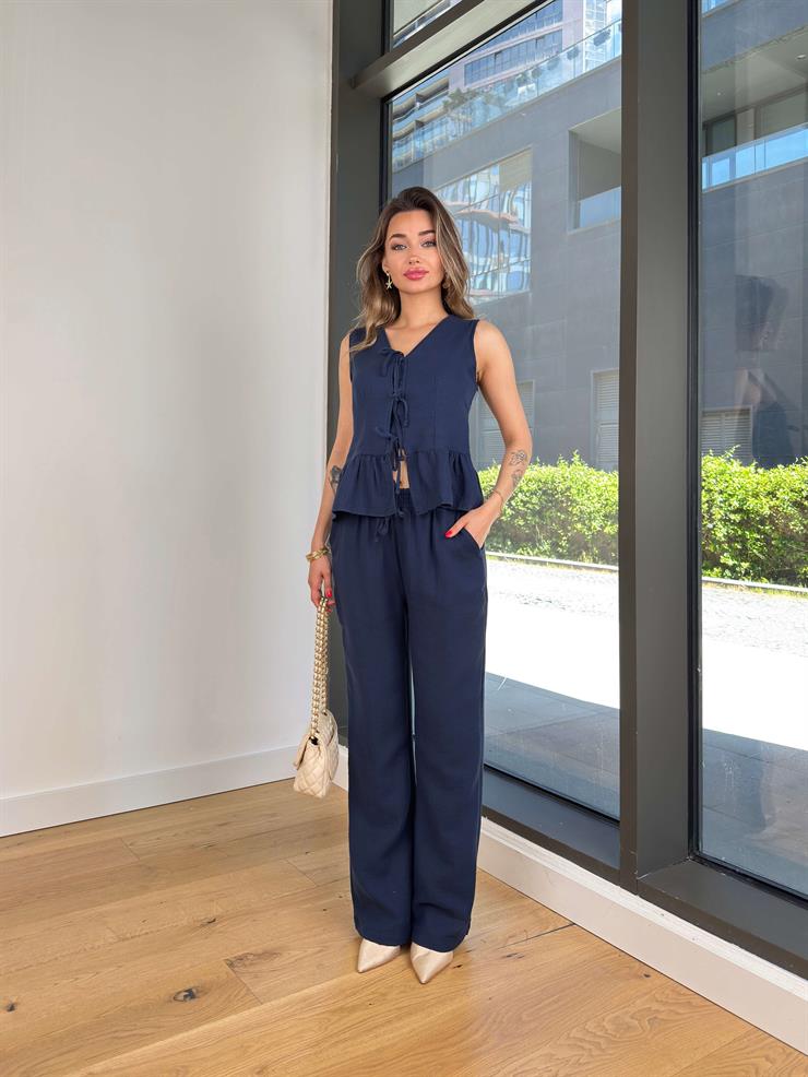 Bağlamalı Yelek Yüksek Bel Bol Paça Pantolon Frofni Lacivert Kadın Takım 25Y375