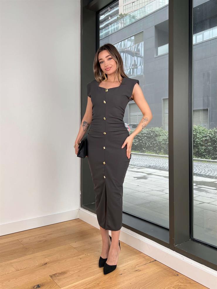 Kare Yaka Düğme Detaylı Drapeli Froniz Füme Kadın Elbise 25Y055