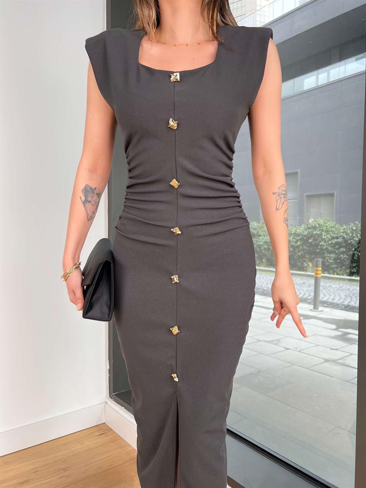 Kare Yaka Düğme Detaylı Drapeli Froniz Füme Kadın Elbise 25Y055