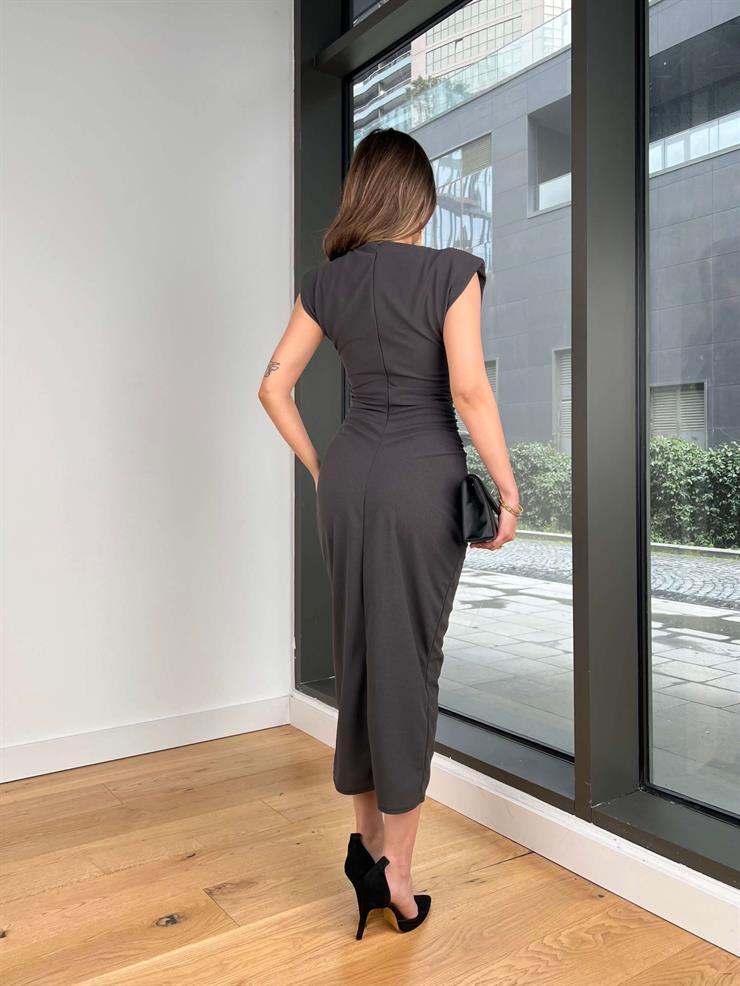 Kare Yaka Düğme Detaylı Drapeli Froniz Füme Kadın Elbise 25Y055