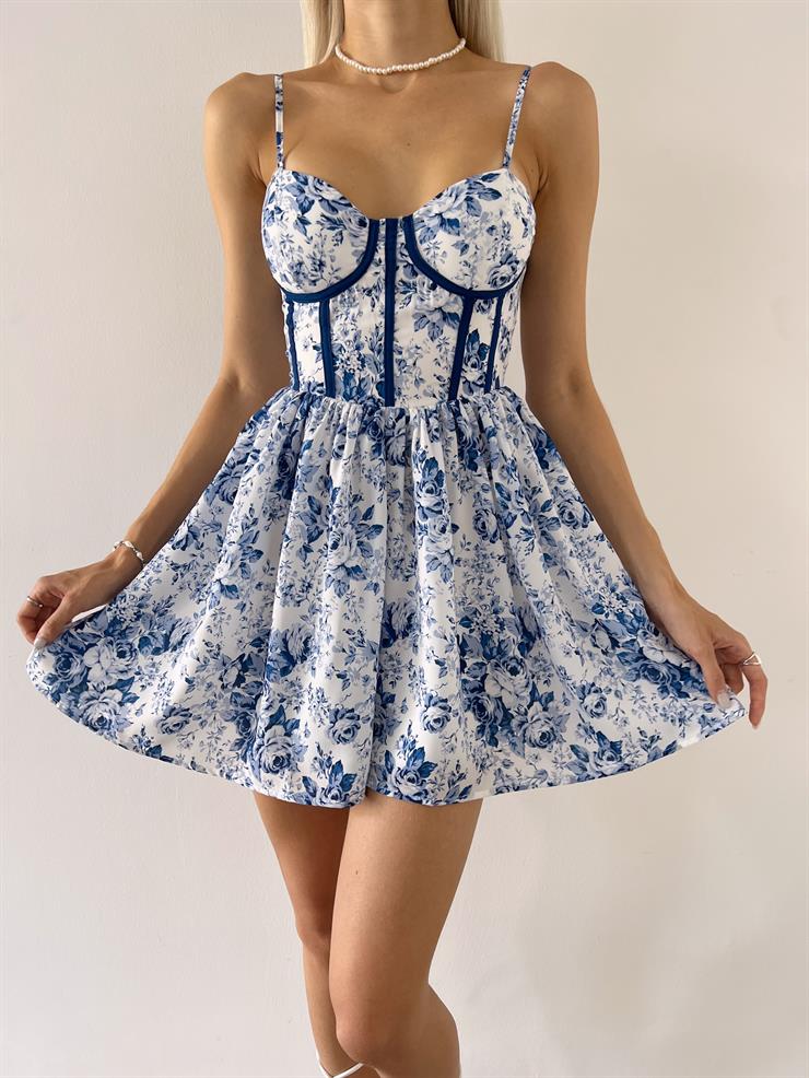 Askılı Korse Detaylı Furla Kadın Mavi Çiçek Desenli Mini Elbise 23Y000553