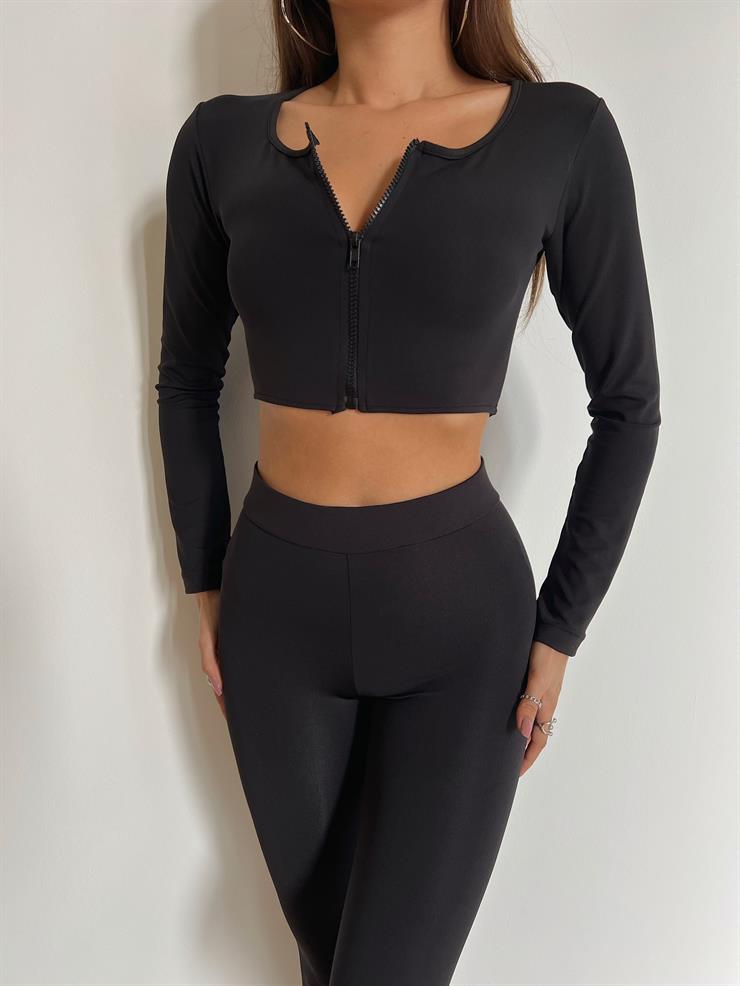 Önü Fermuarlı Crop Yüksek Bel Tayt Gael Kadın Siyah Takım 24k000044