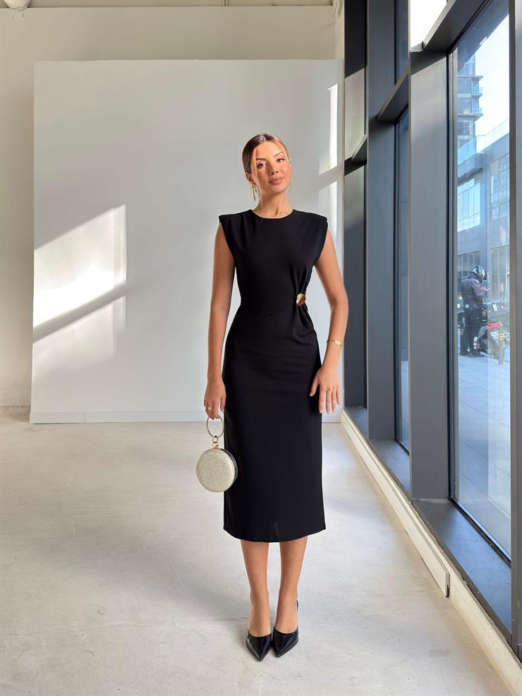 Drape Detaylı Kolsuz Galdia Siyah Kadın Tokalı Elbise 26K184