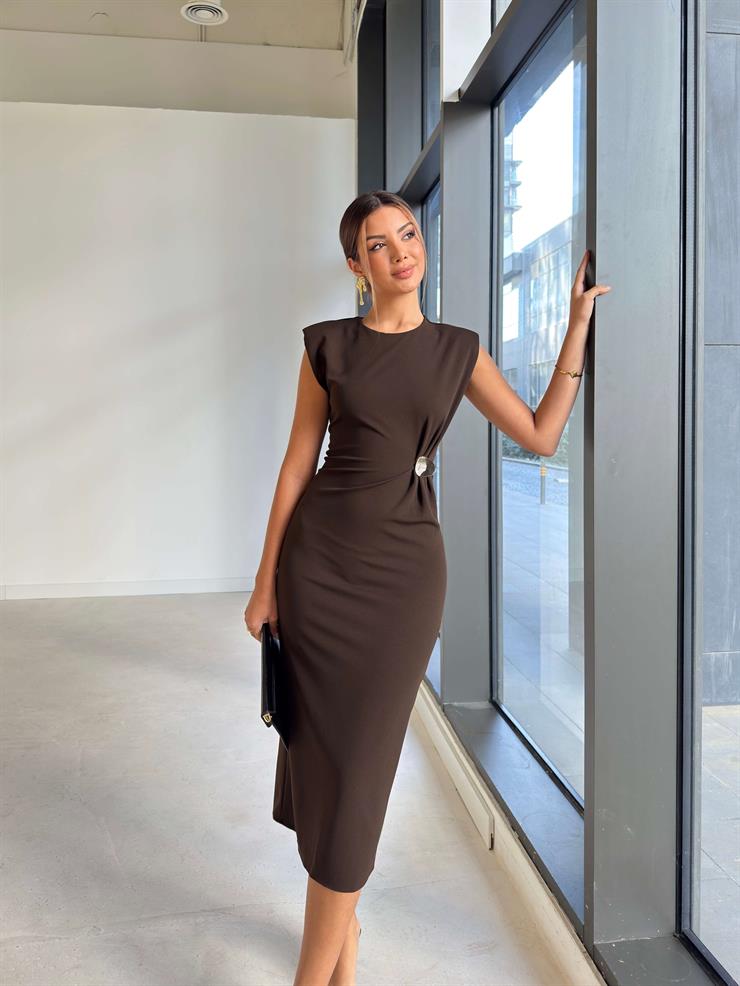 Drape Detaylı Kolsuz Galdia Kahve Kadın Tokalı Elbise 26K184