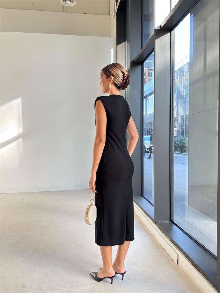 Drape Detaylı Kolsuz Galdia Siyah Kadın Tokalı Elbise 26K184