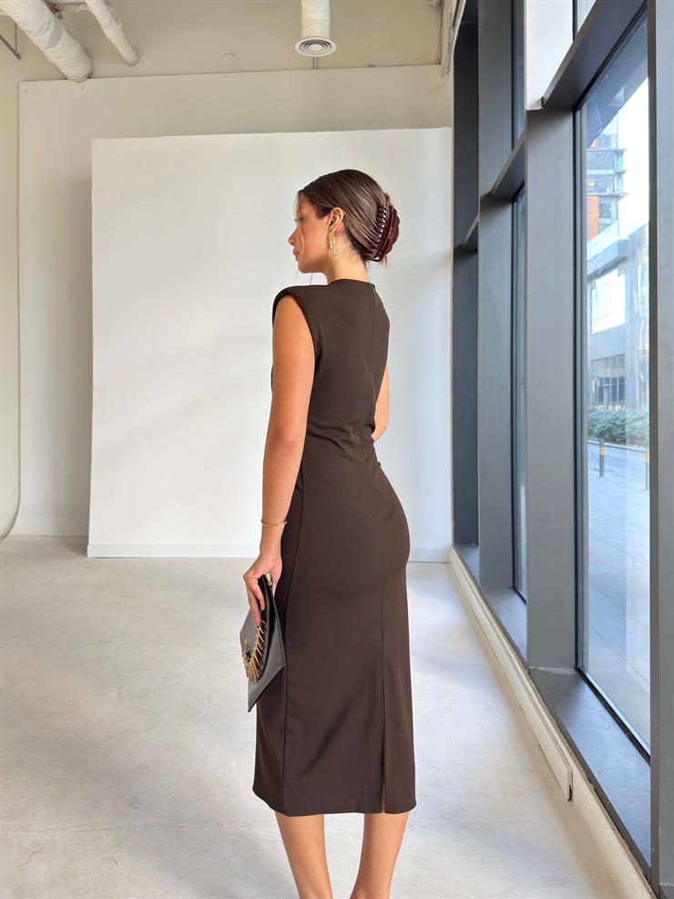 Drape Detaylı Kolsuz Galdia Kahve Kadın Tokalı Elbise 26K184