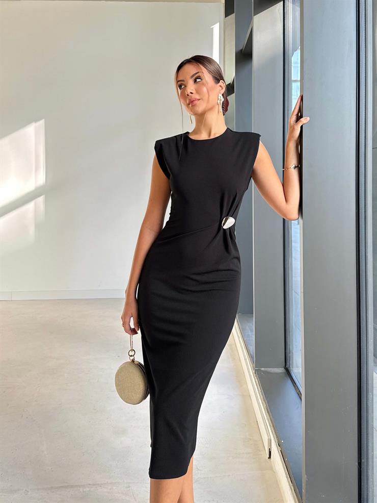 Drape Detaylı Kolsuz Galdia Siyah Kadın Tokalı Elbise 26K184