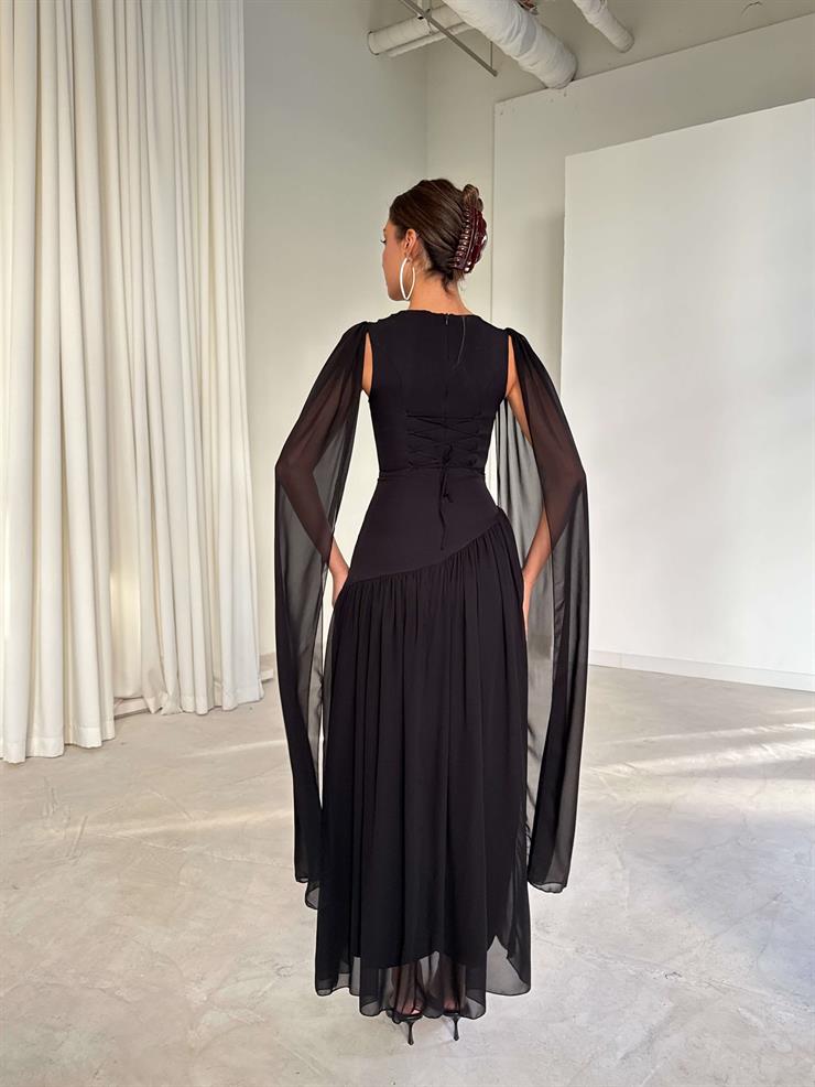 Sırtı İpli Kolları Tül Detaylı Gale Siyah Kadın Elbise 26K240