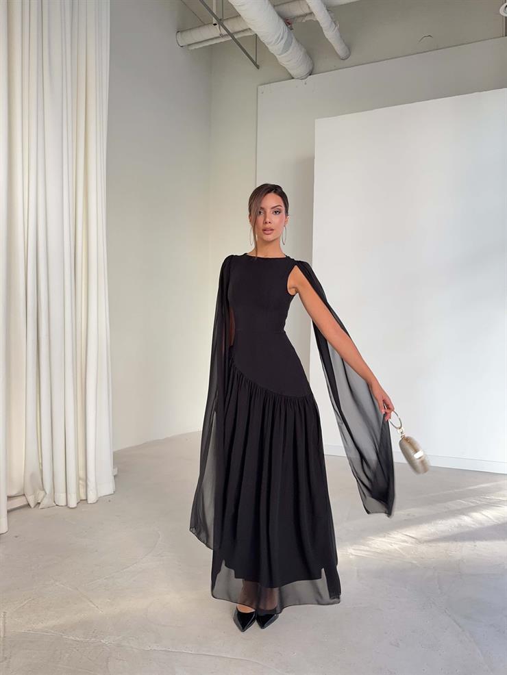 Sırtı İpli Kolları Tül Detaylı Gale Siyah Kadın Elbise 26K240