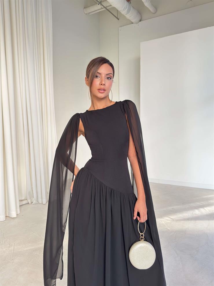 Sırtı İpli Kolları Tül Detaylı Gale Siyah Kadın Elbise 26K240