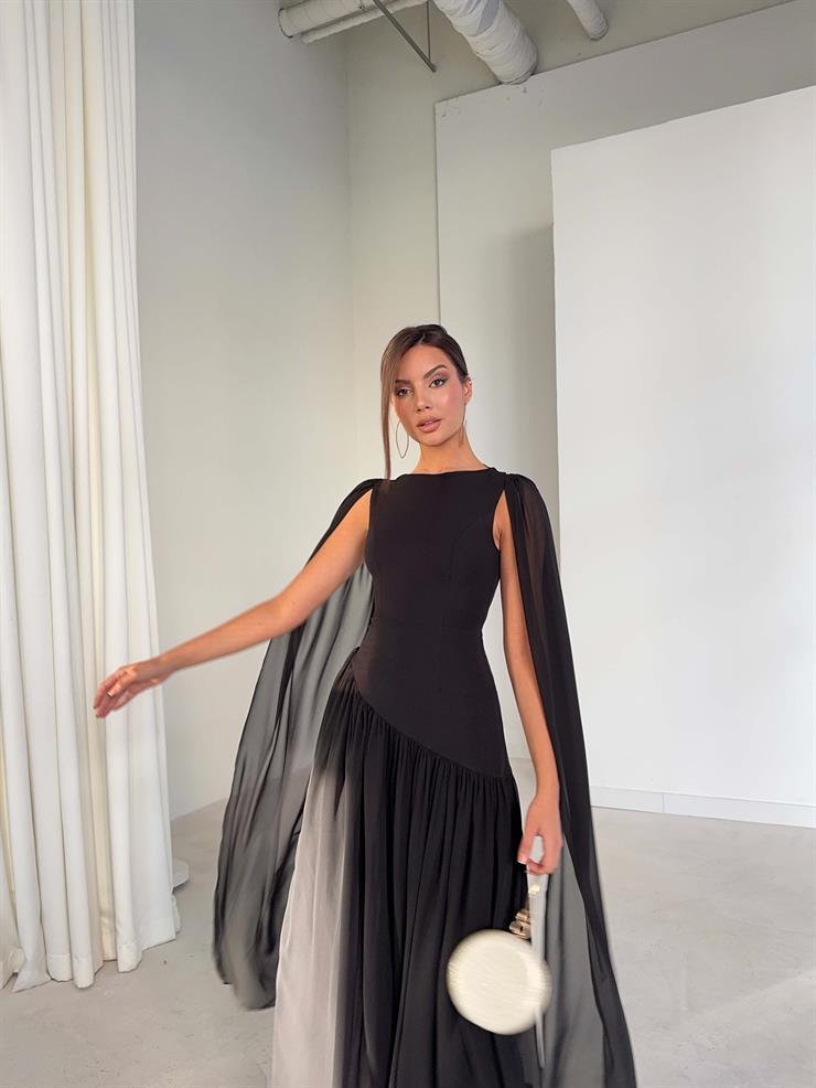 Sırtı İpli Kolları Tül Detaylı Gale Siyah Kadın Elbise 26K240