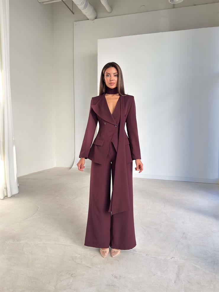 Kuşaklı Belden Oturtmalı Kruvaze Kesim Galvin Bordo Kadın İkili Takım 26K243