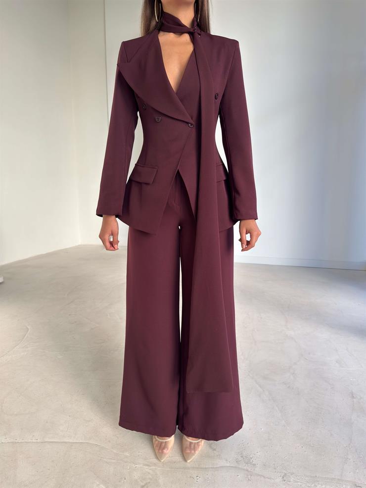 Kuşaklı Belden Oturtmalı Kruvaze Kesim Galvin Bordo Kadın İkili Takım 26K243